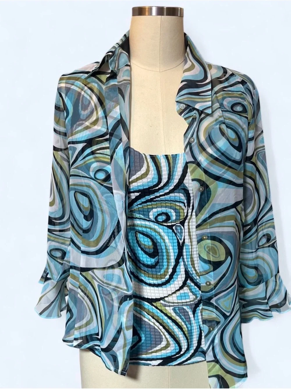 Nicola Blue Green Abstract 2 Piece Tank & Oversized Button Up Set